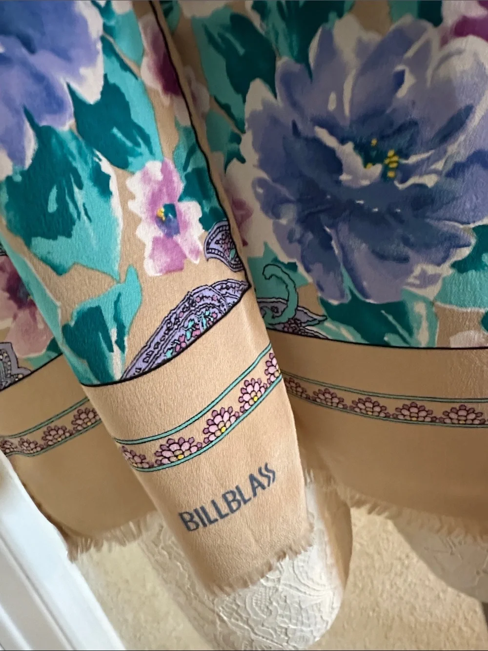 bill blass Teal, Purple and Cream Floral Paisley Silk Scarf